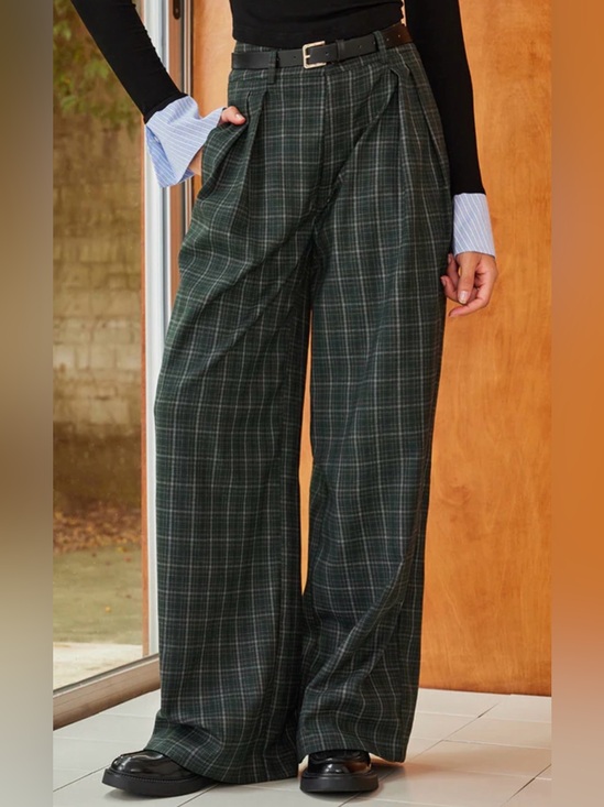 Commense Pants - Commense Dark Green Plaid Wide Leg Pants